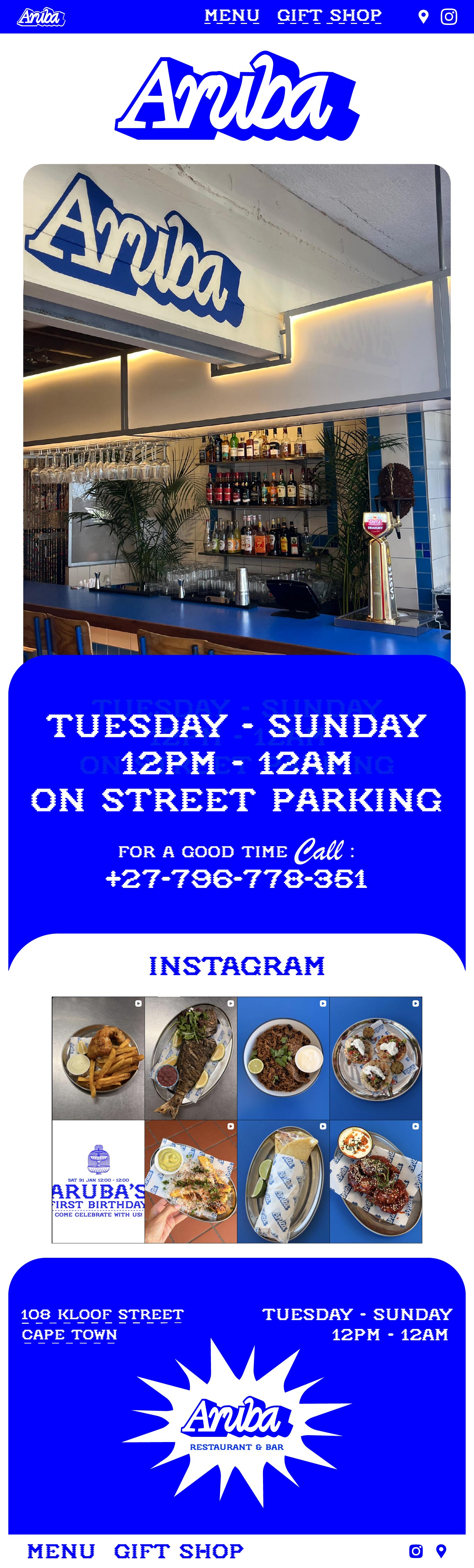 Aruba Restaurant and Bar at 108 Kloof Street, Cape Town. Open Tuesday to Sunday from 12 PM to 12 AM with on street parking.